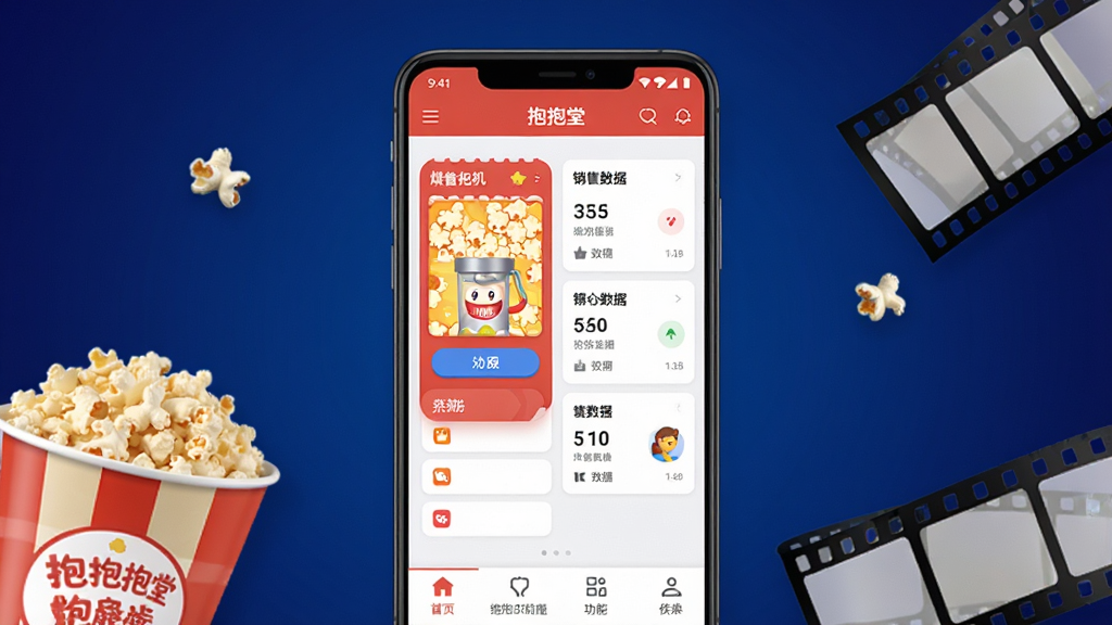 一张展示抱抱堂手机应用主界面的场景图,画面中央为一部竖屏安卓手机,屏幕内显示抱抱堂应用首页,包含爆米花机设备控制面板、销售数据卡片和功能导航栏,手机周围点缀爆米花桶与电影胶片元素,背景为深蓝色渐变,整体风格简洁现代科技感,细节清晰,画质干净,无多余元素