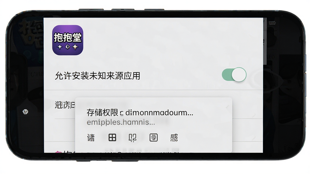 一张展示抱抱堂安卓版安装权限设置界面的图片,手机屏幕内显示“允许安装未知来源应用”开关按钮和存储权限授权弹窗,页面顶部有“抱抱堂”应用图标,背景为手机系统设置界面风格,细节清晰,画质干净,无多余元素