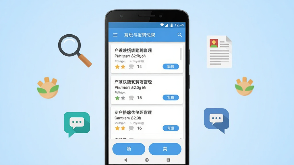 兼职快聘手机应用界面展示,画面中央是一部竖屏安卓手机,屏幕内呈现招聘岗位列表与筛选按钮,手机两侧漂浮着放大镜、简历、对话气泡等扁平图标,背景为浅蓝色渐变,整体布局居中对称,风格简洁现代,细节清晰,画质干净,无多余元素