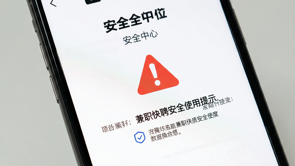 兼职快聘安全使用提示界面,画面为手机屏幕显示安全中心页面,页面上有红色警示图标与文字提示,背景为白色,风格简洁严肃,排版清晰,细节锐利,画质干净,无多余元素