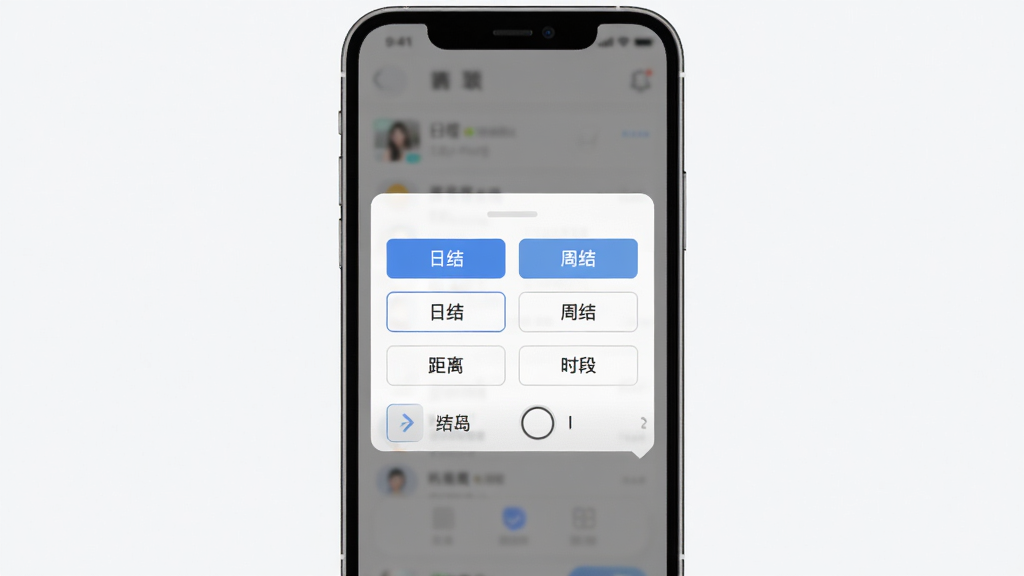 兼职快聘筛选功能界面,画面为手机屏幕中弹出筛选面板,面板上有日结、周结、距离、时段等选项按钮,背景为浅灰色半透明遮罩,风格扁平化,排版整齐,细节清晰,画质干净,无多余元素