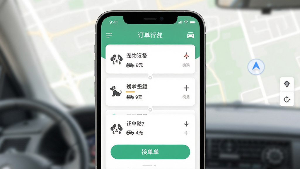 派到宠物出行司机端应用主界面,主体为手机屏幕展示订单列表与地图导航,布局居中,排版清晰,风格现代简洁,细节包括宠物图标、车辆信息、接单按钮,画质高清,干净,无多余元素