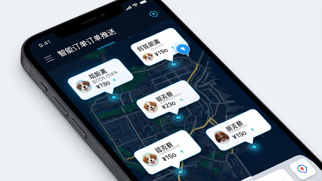 派到应用智能订单推送界面,主体为手机地图上显示多个订单气泡,布局为地图占据主视觉,排版简洁,风格科技感,细节包括订单距离、价格标签、宠物头像,画质高清,干净,无多余元素