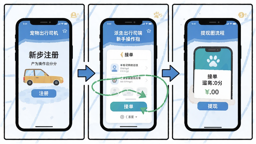 派到宠物出行司机端新手操作指引图,主体为手机界面分步展示注册、接单、提现流程,布局为三格漫画式排列,排版清晰,风格扁平化,细节包括箭头指引、文字标注,画质高清,干净,无多余元素