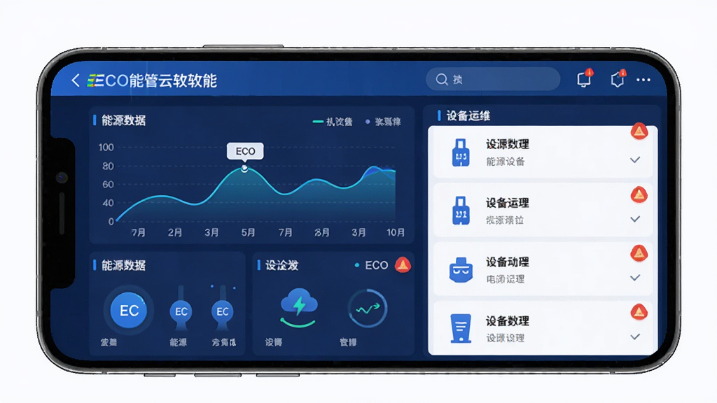主体是手机屏幕中显示ECO能管云软件主界面,布局为居中展示手机与界面,排版采用左右分栏,左侧展示能源数据图表,右侧展示设备运维列表,风格为现代科技感扁平化设计,细节包含蓝色主色调、数据曲线、设备图标、报警提示角标,画质高清,干净,无多余元素