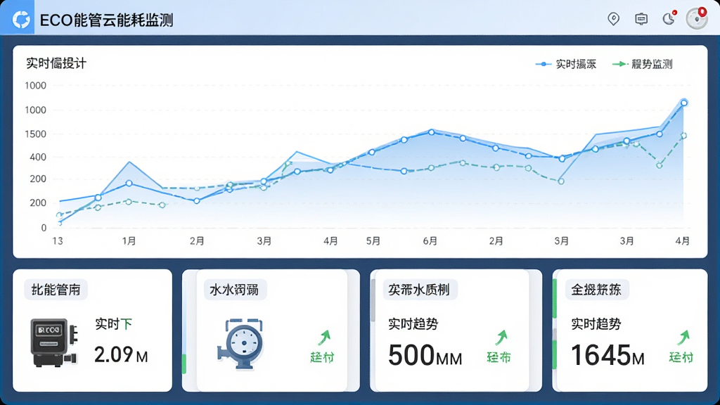 主体是ECO能管云能耗监测界面,布局为上下结构,排版上方为折线图下方为数据卡片,风格为清爽商务风,细节包含电表图标、水表图标、实时数值、趋势箭头,画质高清,干净,无多余元素