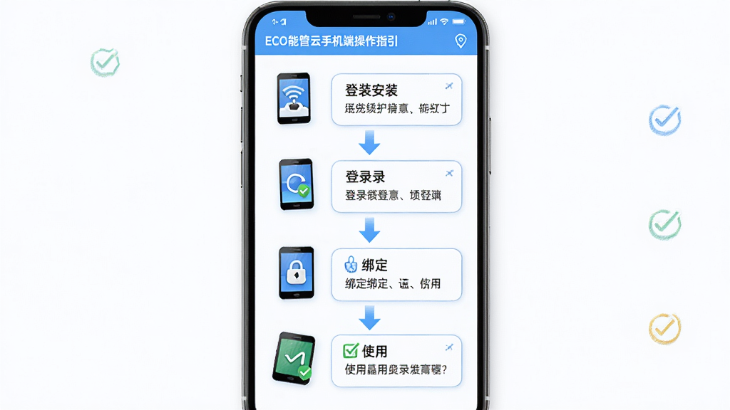 主体是ECO能管云手机端操作指引界面,布局为步骤式排版,排版从上到下展示安装、登录、绑定、使用四个步骤,风格为清新教程风,细节包含手机图标、箭头引导、文字说明框、勾选标记,画质高清,干净,无多余元素