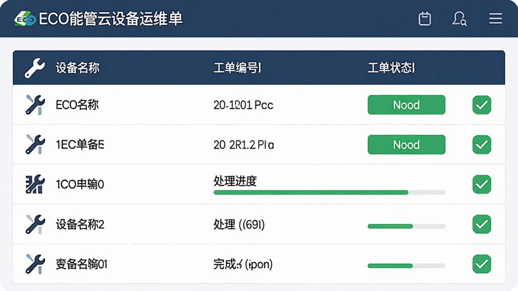 主体是ECO能管云设备运维工单界面,布局为列表式排版,排版左侧为设备名称右侧为工单状态,风格为简约实用风,细节包含扳手图标、工单编号、处理进度条、完成勾选标记,画质高清,干净,无多余元素