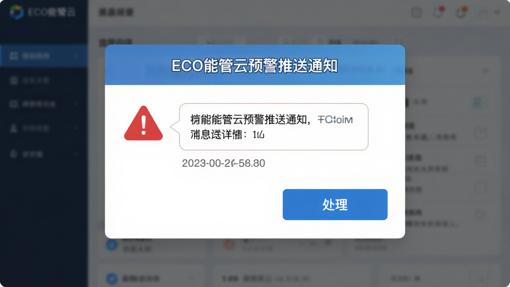 主体是ECO能管云预警推送通知界面,布局为弹窗式排版,排版上方为标题下方为详情,风格为醒目提示风,细节包含红色预警图标、消息气泡、时间戳、处理按钮,画质高清,干净,无多余元素
