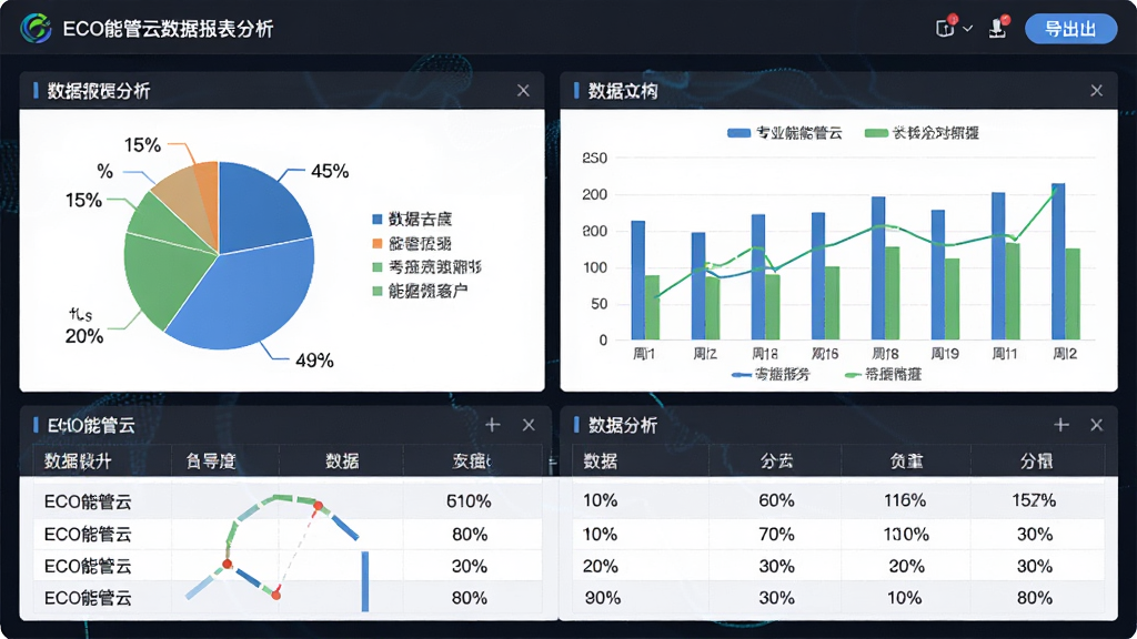 主体是ECO能管云数据报表分析界面,布局为仪表盘式排版,排版包含饼图、柱状图、数据表格,风格为专业数据可视化风,细节包含百分比标注、图例说明、导出按钮,画质高清,干净,无多余元素