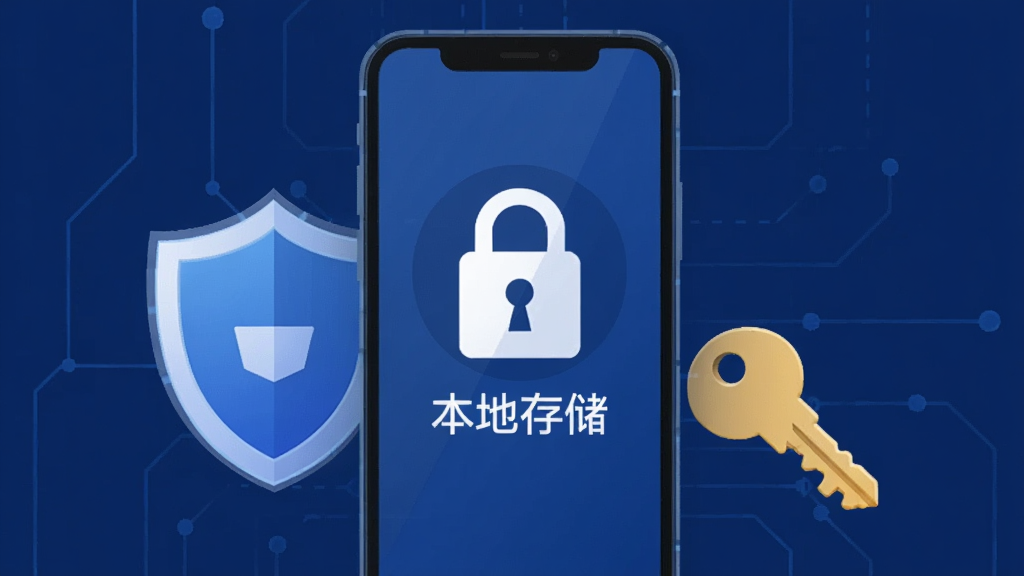 一张“旧爱转盘”软件隐私保护主题的示意图,画面中一个手机屏幕显示锁形图标和“本地存储”字样,周围有盾牌和钥匙元素,背景为深蓝色,风格安全可靠,画质清晰,干净简洁