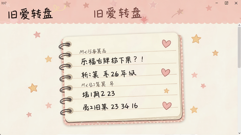 一张“旧爱转盘”软件记录页面的截图风格图片,画面中有一个笔记本样式的界面,上面写着手写体文字和日期,旁边点缀着小星星和爱心图标,整体色调为米白色和浅粉色,风格清新温暖,画质清晰,干净整洁