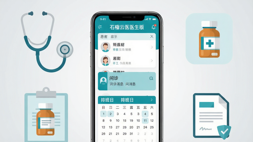 画面中央放置一部智能手机,屏幕显示“石榴云医医生版”应用界面,界面中包含患者列表、问诊消息和排班日历模块;手机周围环绕听诊器、病历夹、药瓶和电子处方图标,采用扁平化医疗科技风格,主色调为青蓝色与白色搭配;背景为浅灰色渐变,细节清晰,画质干净,无多余元素,整体构图均衡,适合作为软件下载站头图。