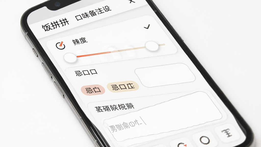 饭拼拼口味备注设置界面,主体为手机屏幕显示多选项和输入框,布局为表单式排列,风格为清爽素雅,细节包括辣度滑块、忌口标签、文字输入区域,画质高清,画面干净,无多余元素