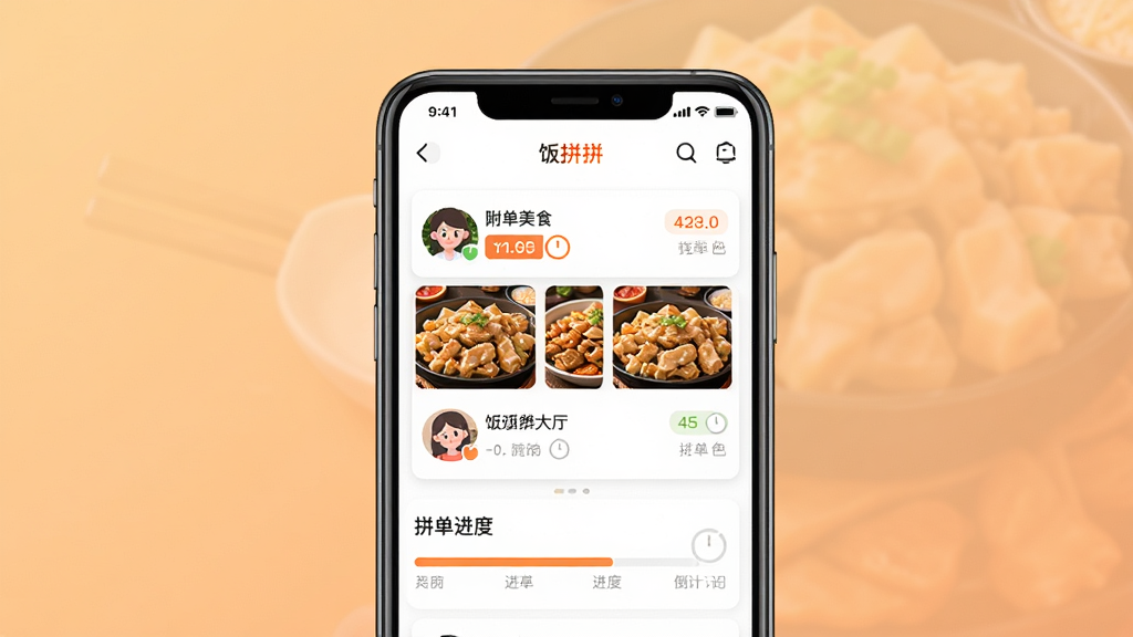 饭拼拼软件主界面展示,主体为一部智能手机屏幕,屏幕上显示饭拼拼APP的拼单大厅页面,包含附近美食列表和拼单进度条,布局为居中放置手机,背景为浅橙色渐变,风格为现代扁平化UI设计,细节包括拼单头像、价格标签、倒计时元素,画质高清,画面干净,无多余元素