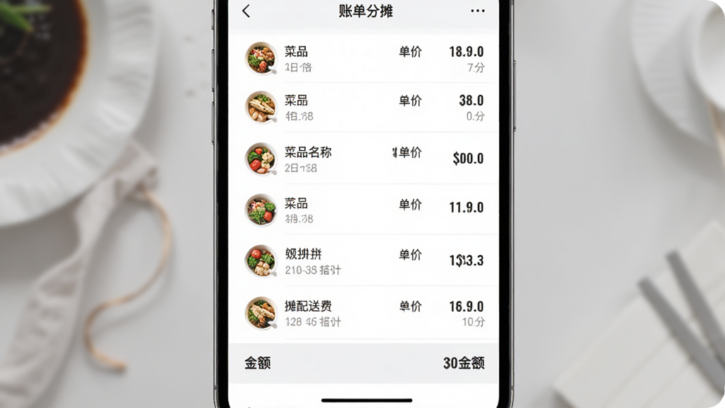 饭拼拼费用分摊界面,主体为手机屏幕显示账单明细列表,布局为纵向列表带合计栏,风格为简约商务风,细节包括菜品名称、单价、分摊配送费、总计金额,画质高清,画面干净,无多余元素