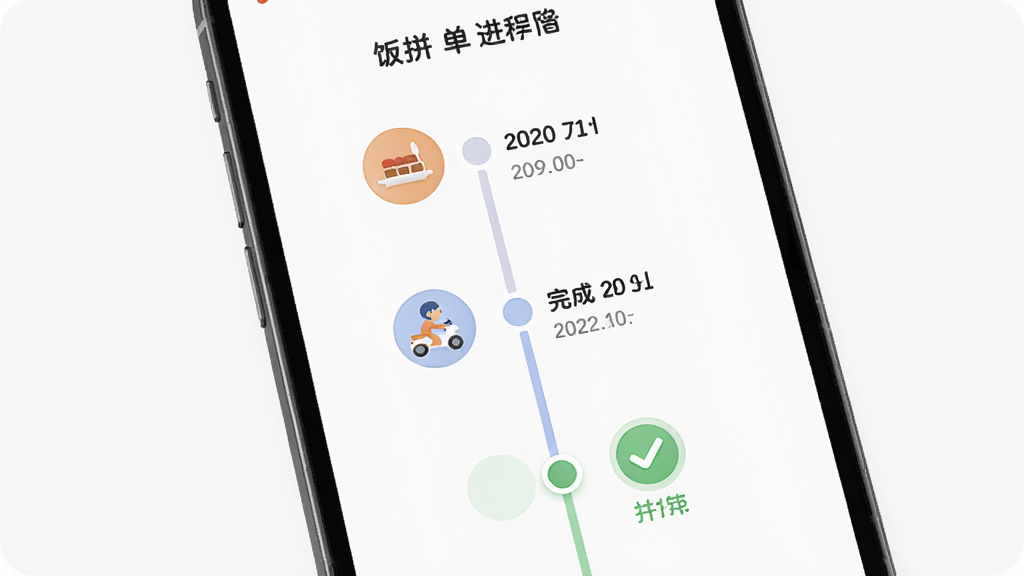 饭拼拼订单进度追踪页面,主体为手机屏幕显示时间轴进度条,布局为居中纵向排列,风格为柔和圆角设计,细节包括餐厅图标、骑手图标、完成打勾标记,画质高清,画面干净,无多余元素