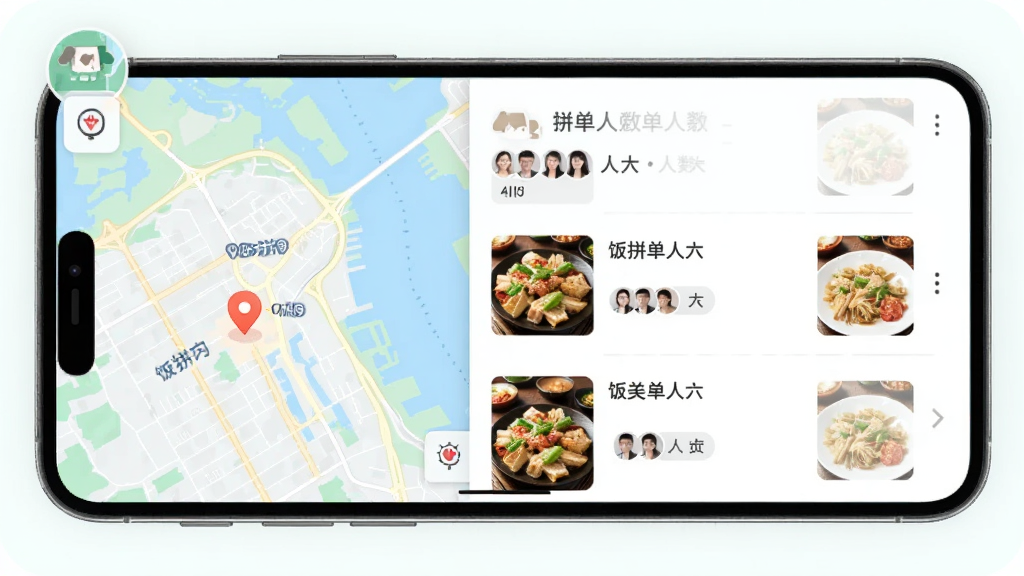 饭拼拼附近拼单功能展示图,主体为手机屏幕显示地图和拼单列表,布局为左侧地图右侧列表,风格为清新浅色系,细节包括定位图标、拼单人数头像、餐厅缩略图,画质高清,画面干净,无多余元素