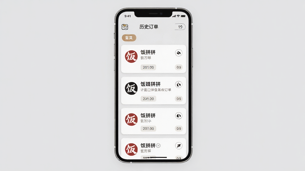 饭拼拼历史订单页面,主体为手机屏幕显示订单卡片列表,布局为纵向滚动卡片,风格为浅灰质感,细节包括复购按钮、餐厅logo、日期标签,画质高清,画面干净,无多余元素