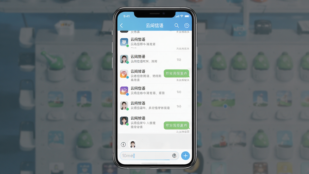 云间信语软件主界面截图,画面中央展示手机屏幕,屏幕内为聊天列表和输入框,界面采用浅蓝色与白色搭配,风格清新简洁,文字清晰可见,画质干净,无多余元素,高分辨率,适合下载站展示