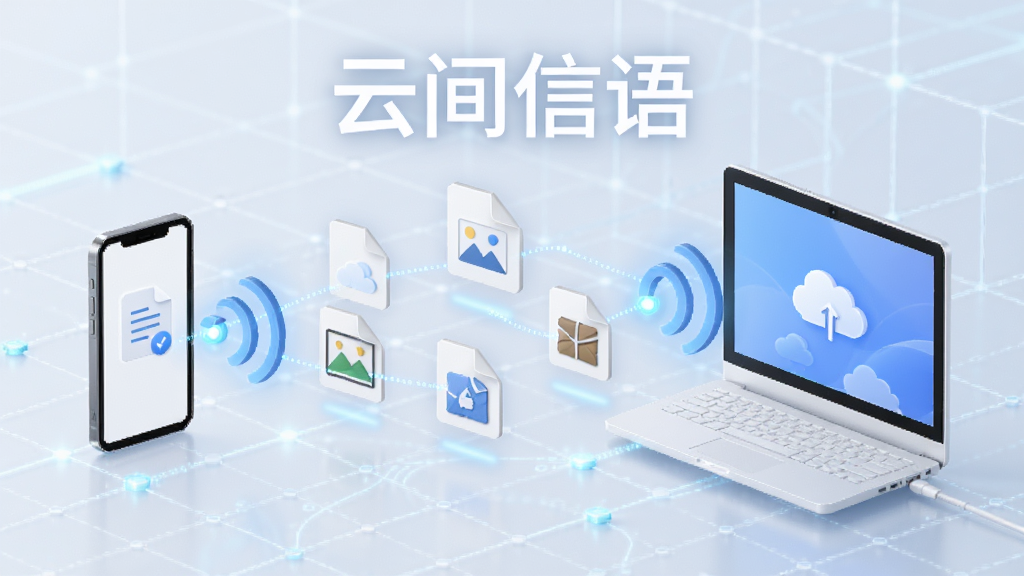 云间信语文件快传功能示意图,画面中手机与电脑之间通过无线信号传输文件图标,文件图标包括文档、图片、压缩包,背景为浅色科技网格,突出“云间信语”名称,风格简约,画质干净