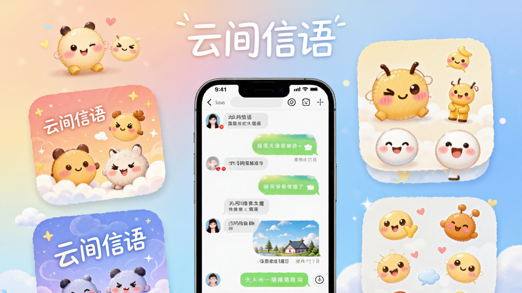 云间信语个性化主题与表情界面图,画面展示多款彩色主题卡片和可爱表情包,手机屏幕内显示聊天界面,背景为柔和渐变,突出“云间信语”文字,风格活泼清新,画质细腻