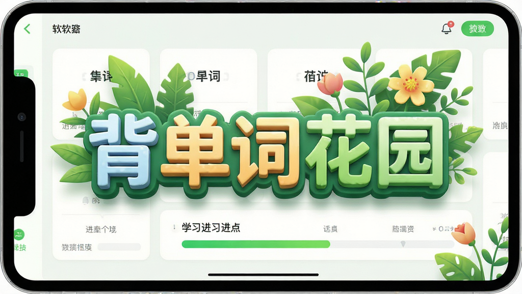 一张展示背单词花园软件主界面的预览图,画面中央是软件名称“背单词花园”的立体文字,周围环绕着清新的绿色植物与花卉元素,界面布局展示单词卡片与学习进度条,风格明亮活泼,画质清晰干净,无多余元素