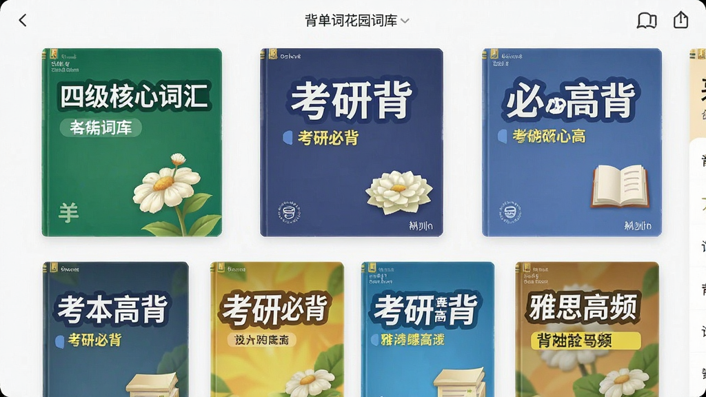 一张展示背单词花园词库选择界面的预览图,画面中显示多个词书封面整齐排列,包含“四级核心词汇”“考研必背”“雅思高频”等字样,界面风格清爽,布局规整,画质清晰,无多余元素