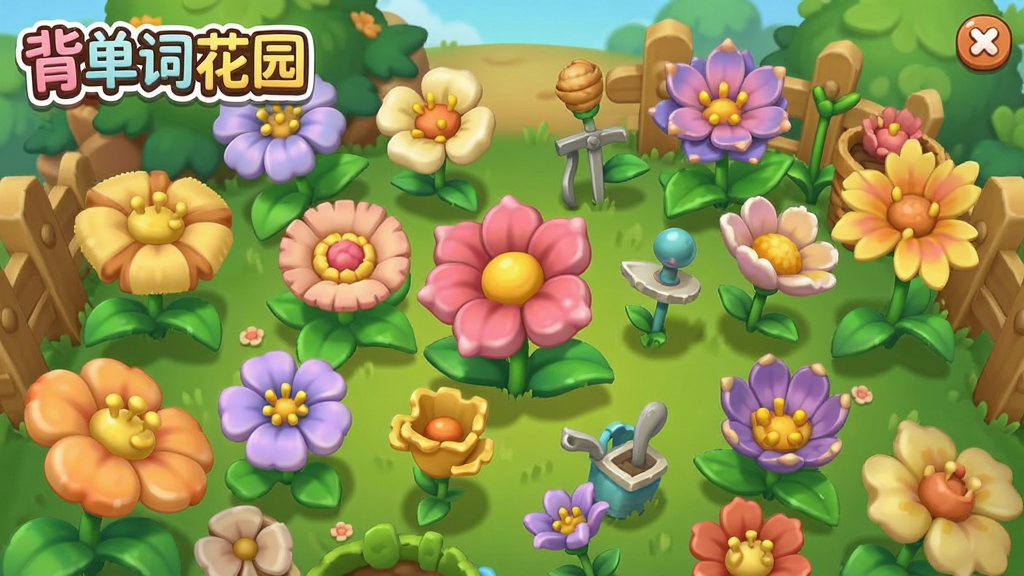 一张展示背单词花园养成玩法的预览图,画面中是一个色彩缤纷的虚拟花园,花朵盛开,界面角落显示“背单词花园”软件标志,风格卡通可爱,布局错落有致,画质清晰,无多余元素