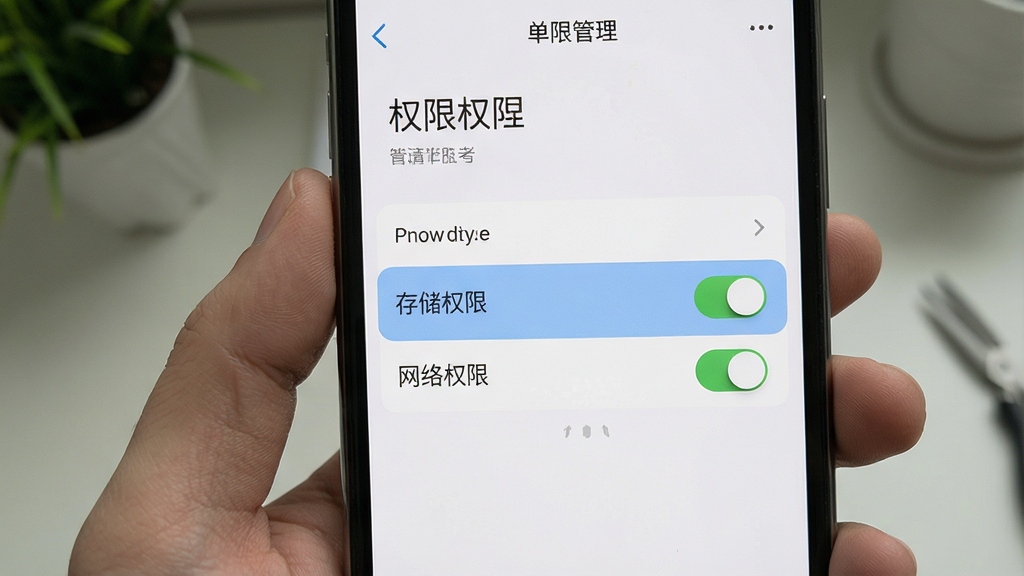 一张展示背单词花园安装设置界面的预览图,画面中手机屏幕显示权限管理页面,高亮标注“存储权限”与“网络权限”开关,界面风格简洁,布局清晰,画质干净,无多余元素