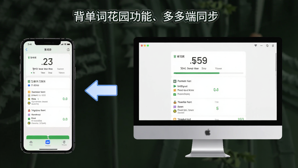 一张展示背单词花园多端同步功能的预览图,画面中左侧是手机界面,右侧是电脑界面,两者之间用同步箭头连接,界面显示相同的学习进度数据,风格简约商务,布局对称,画质清晰,无多余元素