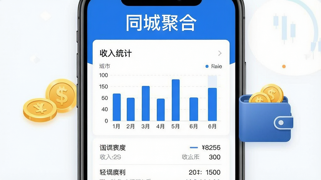 一张数据统计界面展示图,画面中手机屏幕显示收入统计图表,包含柱状图和数字明细,旁边有金币和钱包图标,画面风格简洁商务,配色以蓝色和白色为主,顶部有“同城聚合”文字,细节清晰,画质干净,无多余元素