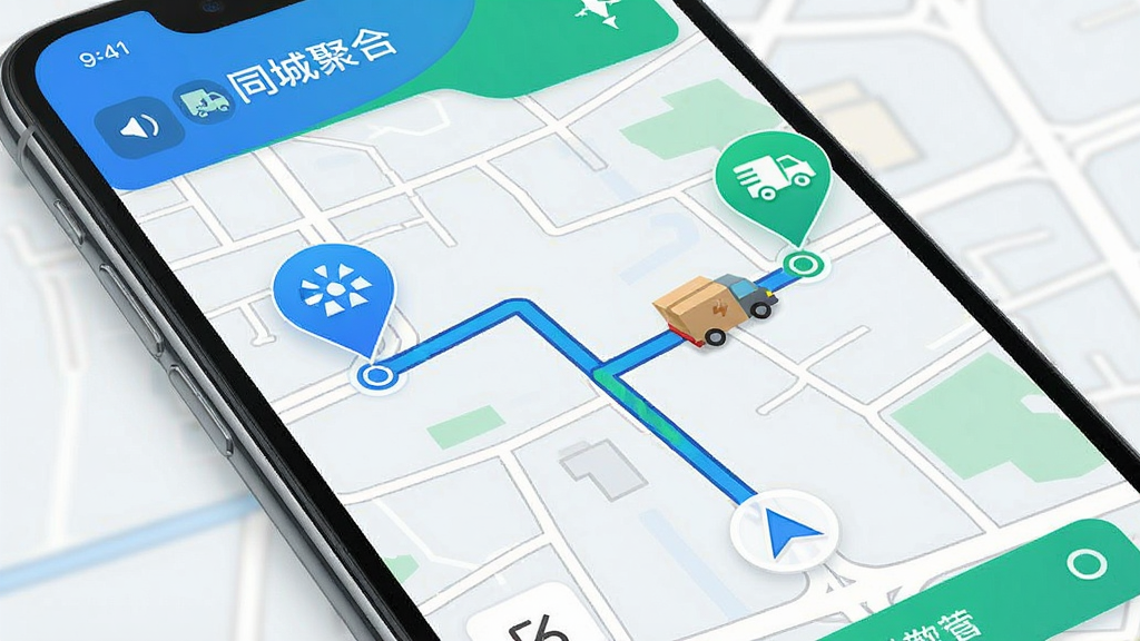 一张手机导航界面展示图,画面中手机屏幕显示地图路线,起点和终点用醒目图标标注,沿途有配送车辆行驶轨迹,画面风格简洁科技感,配色以蓝色和绿色为主,细节清晰,画质干净,无多余元素,画面中可带有“同城聚合”文字标识