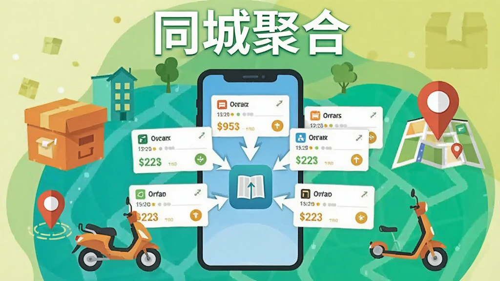一张信息图表风格的插画,画面中心是一个手机屏幕,屏幕上显示多个订单卡片汇聚到一个应用中,周围环绕着外卖箱、电动车、地图定位图标等元素,画面顶部有文字“同城聚合”,整体风格扁平化,配色明亮,细节丰富,画质清晰,无多余元素