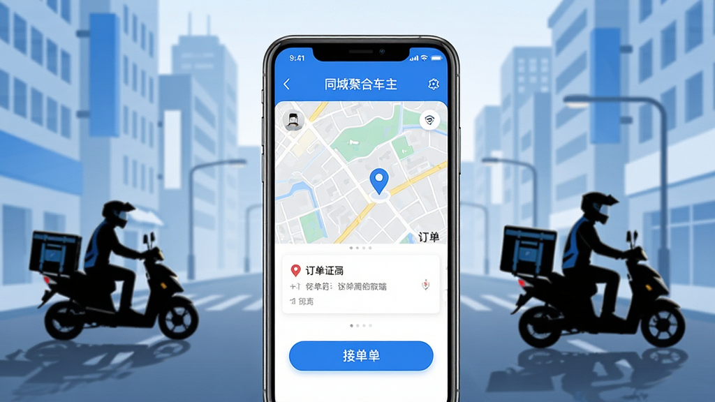 一张手机应用界面展示图,画面中心是一部智能手机,屏幕显示同城聚合车主端的主页界面,包含订单列表、地图定位和接单按钮等元素,背景为城市街道与配送骑手剪影,整体风格简洁现代,配色以蓝色和白色为主,细节清晰,画质干净,无多余元素,适合作为软件下载页预览图