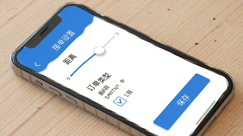 一张手机应用操作界面展示图,画面中手机屏幕显示同城聚合的接单设置页面,包含距离滑块、订单类型勾选框和保存按钮,画面风格简洁实用,配色以蓝色和白色为主,细节清晰,画质干净,无多余元素