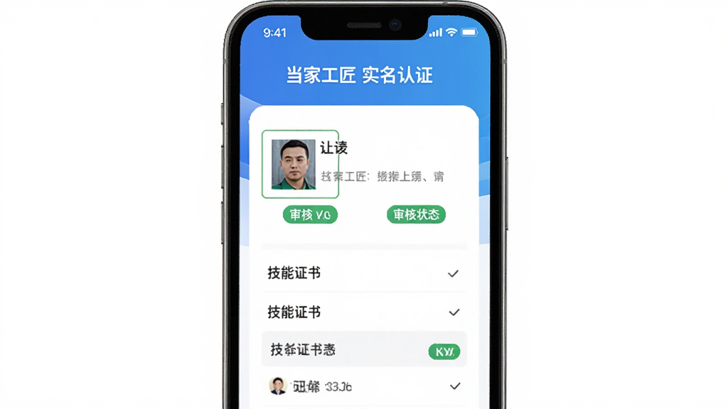 当家工匠实名认证页面,手机屏幕显示身份证上传框和技能证书列表,背景是蓝色渐变,主体为认证表单,布局居中,风格商务简洁,细节包含打勾图标和审核状态标签,画质清晰,干净,无多余元素