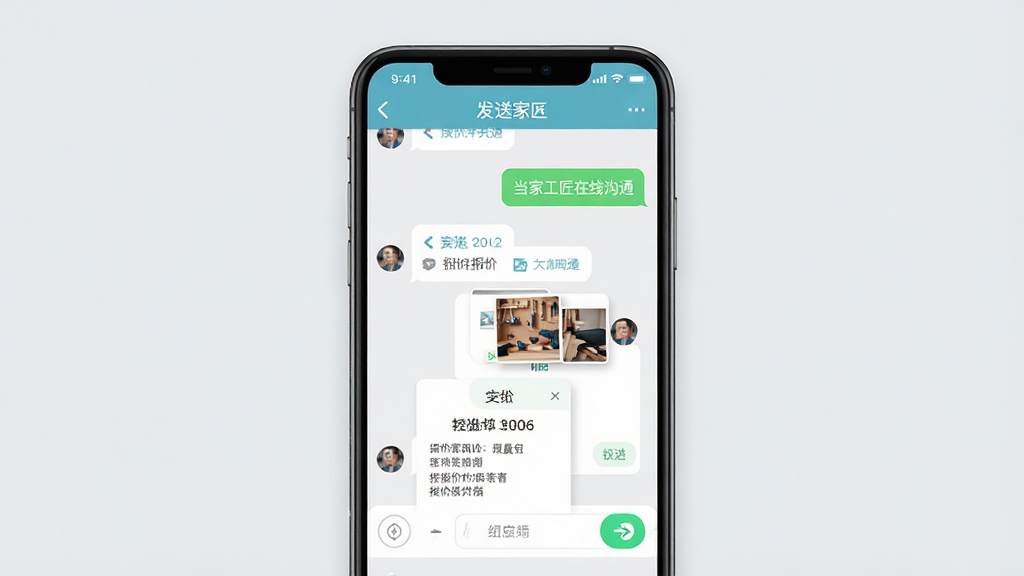 当家工匠在线沟通界面,手机屏幕显示聊天对话框和报价单卡片,背景是浅灰色,主体为聊天记录,布局上下结构,风格清新简约,细节包含发送按钮和图片缩略图,画质高清,干净,无多余元素