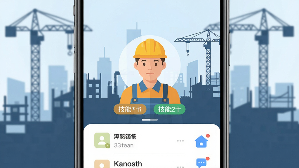 当家工匠APP主界面展示,手机屏幕中央显示装修工人头像和技能标签,背景是城市建筑工地剪影,画面简洁明亮,主体突出,布局为竖版手机UI展示,风格现代扁平化,细节包含订单列表、消息图标、个人中心入口,画质高清,干净,无多余元素