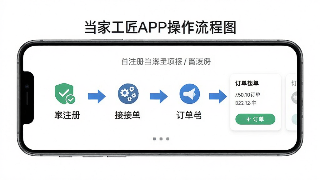 当家工匠APP操作流程图,手机屏幕展示从注册到接单的步骤示意,背景是白色,主体为流程箭头和图标,布局横向排列,风格简洁商务,细节包含认证图标和订单卡片,画质清晰,干净,无多余元素