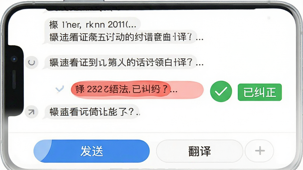 一张展示对话纠错功能的界面示意图,手机屏幕上显示一段对话,其中一处语法错误被红色高亮标出,旁边有一个绿色的勾选图标和