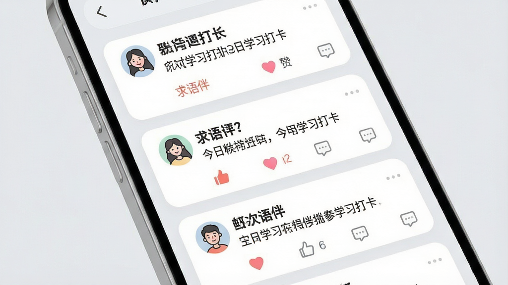 一张展示社区动态界面的示意图,手机屏幕上显示多条用户动态,每条动态包含用户头像、文字内容、点赞和评论图标。动态内容涉及