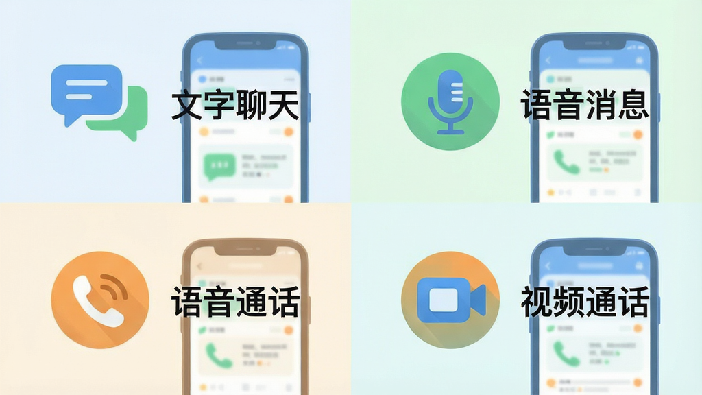 一张展示多种交流方式的组合图,画面分为四个区域,分别以图标和简短文字标注