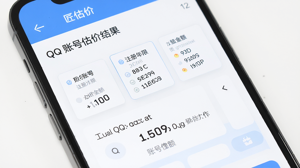 工具匠QQ估价功能界面展示图,手机屏幕上显示QQ账号估价结果页面,包含账号等级、注册年限、估值金额等信息卡片,界面风格简约商务,配色为白色和蓝色,排版清晰,字体易读,画质高清,干净整洁,无多余元素