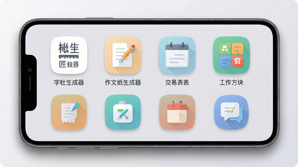 工具匠软件主界面截图,展示多种工具图标整齐排列在手机屏幕上,包括字帖生成器、作文纸生成器、交易表、工作方块等功能入口,界面采用扁平化设计风格,色调清新柔和,背景为浅灰色渐变,图标圆润精致,整体布局简洁大方,画质清晰干净,无多余元素,手机屏幕四周带有轻微阴影增强立体感