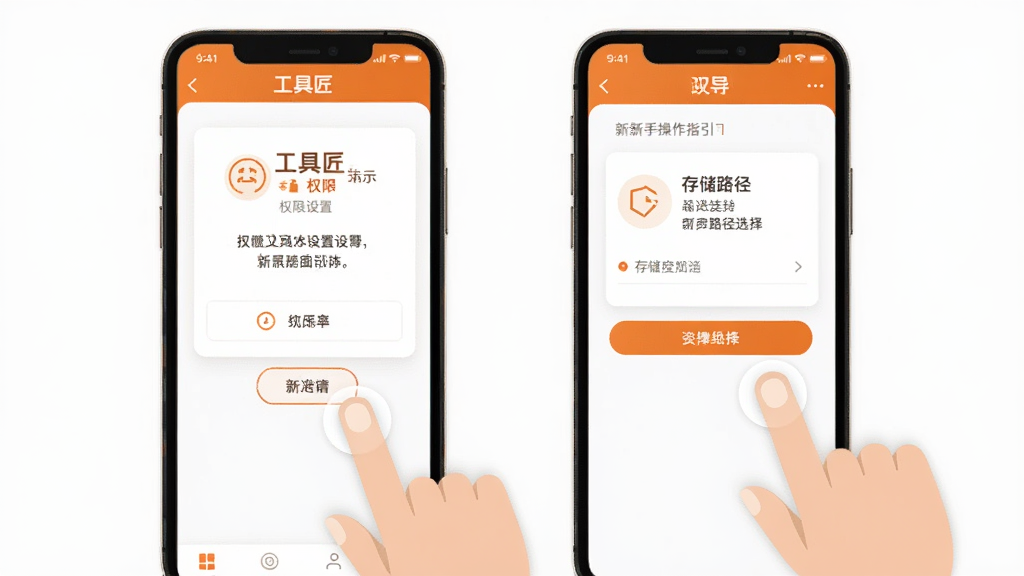 工具匠新手操作指引图,画面展示手机屏幕中工具匠应用的新手引导页面,包含权限设置提示和存储路径选择界面,旁边有手指点击操作的示意,风格扁平化设计,配色为白色和橙色,排版清晰,细节到位,画质高清,干净无多余元素