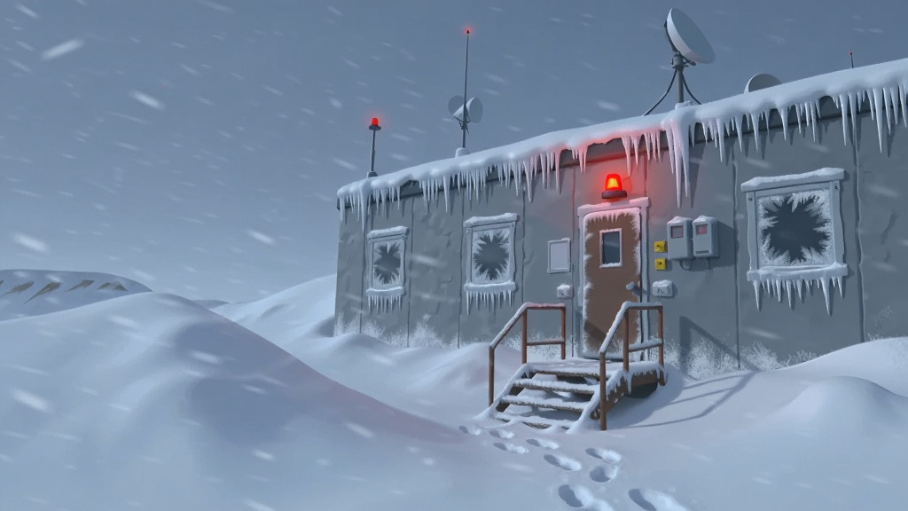 画面主体为一座半埋在雪中的极地科考站建筑,建筑外壁结满冰凌,入口处有一盏闪烁的红色警示灯,布局为横向宽幅,左侧是暴风雪中的雪丘,右侧是科考站主体,风格为数字绘画写实风,细节包括门窗上的霜花、雪地中的脚印、屋顶天线,画质清晰干净,画面中无文字,整体色调偏冷蓝与灰白。