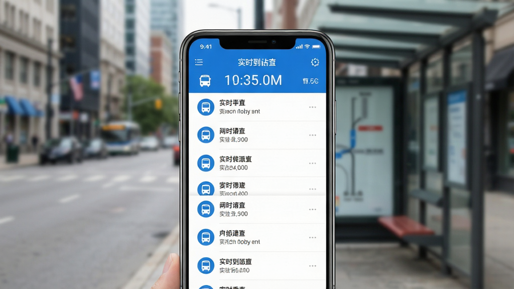 一张公交乘车速查APP的界面展示图,画面中央是手机屏幕,屏幕内显示公交线路列表和实时到站倒计时,背景为城市街道和公交站台的虚化场景,整体布局清晰,风格现代简约,细节包括蓝色主色调的图标和清晰的文字信息,画质高清,干净,无多余元素