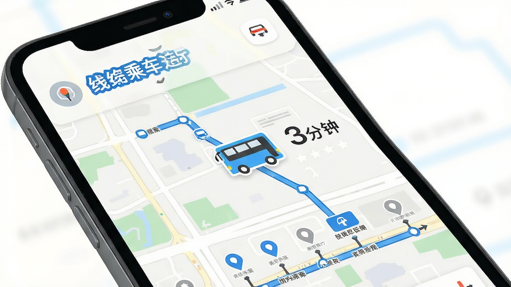 公交乘车速查APP的实时车辆追踪界面,画面主体为手机屏幕,屏幕中间显示地图和移动的公交车图标,旁边有预计到达时间文字“3分钟”,布局采用上下结构,上方是线路名称,下方是地图区域,风格为扁平化科技感,细节包括蓝色路线轨迹和站点标记,画质清晰,干净,无多余元素