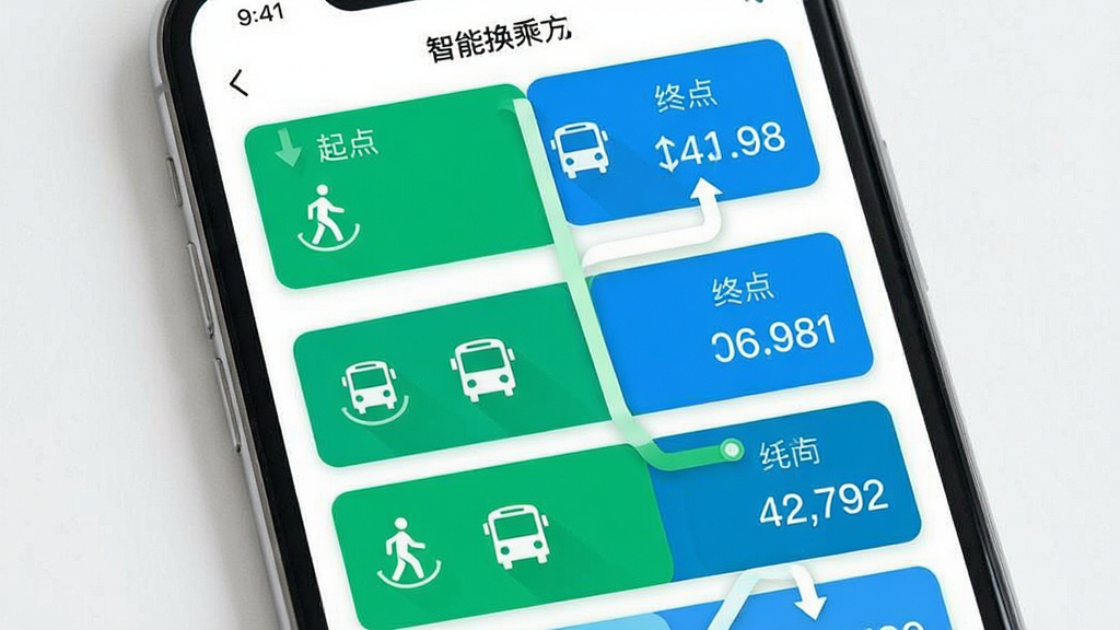 公交乘车速查APP的智能换乘方案界面,画面主体为手机屏幕,屏幕内显示从“起点”到“终点”的多种换乘路线卡片,卡片上有步行图标、公交图标和耗时数字,布局为垂直列表,风格清新明快,细节包括绿色和蓝色的路线标识,画质高清,干净,无多余元素